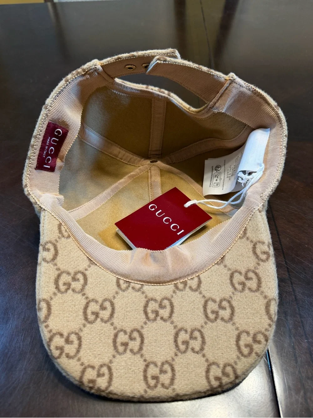 New Authentic Gucci GG Supreme Logo Wool Baseball Hat Tan Size L